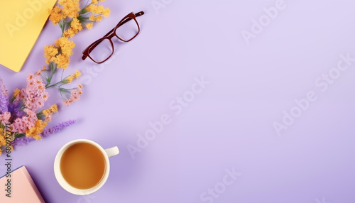 Purple Desk Setup with Coffee and Eyeglasses photo