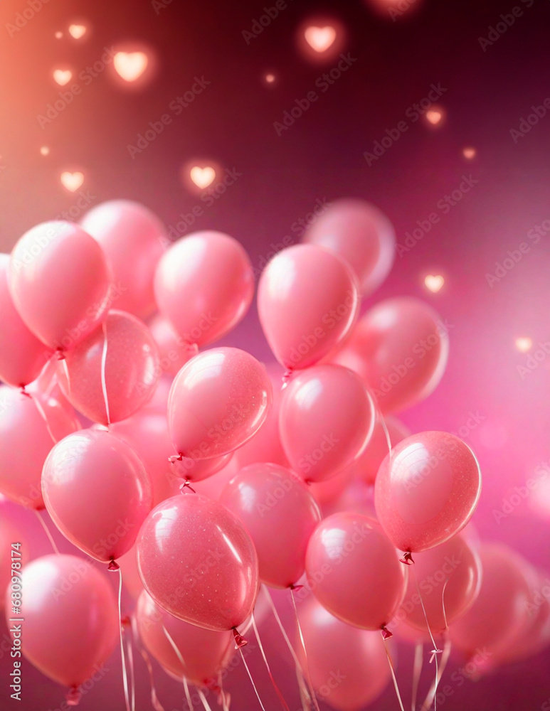 Valentines day background banner. Pink balloons, gold bokeh. Copy space for text. Valentine love concept. Ad, ads, advert, advertisement, February 14 campaign. Abstract panorama, glitter lights design
