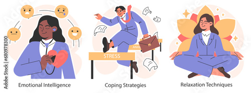 Stress management set. Diverse office characters work burnout. Employee work-life balance, relaxation techniques and self-care. Emotional intelligence and mindfulness. Flat vector illustration.