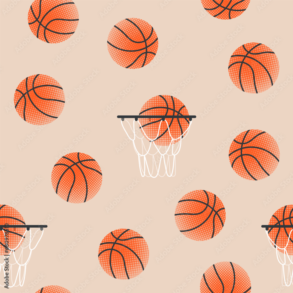 Basketball balls and hoop seamless pattern with texture. Modern colorful illustration for flyers, banners, web and print. Sport, team play concept. Vector flat modern illustration isolated. 