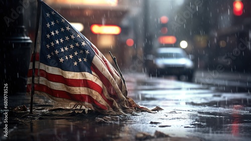american flag on the street to celebrate independence day in the rain photo