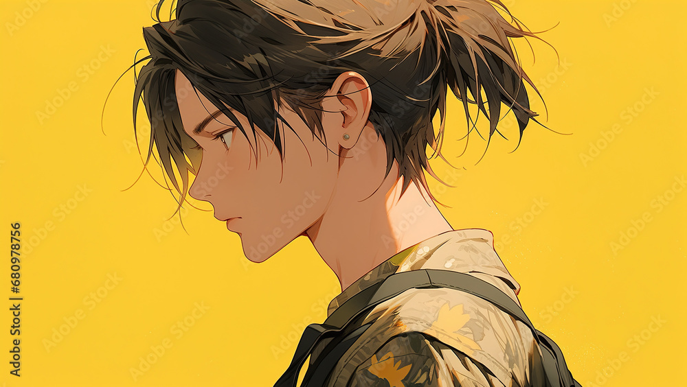 portrait of an anime young guy with a ponytail in profile on a yellow background - obrazy, fototapety, plakaty 