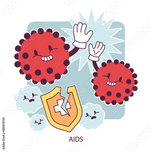 World AiDs day. HIV cells, immunodeficiency virus transmission and immune system suppression. Dangerous disease awareness. Flat vector illustration