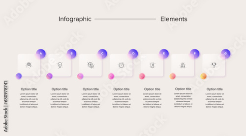 Business process chart infographics with 7 step squares. Rectangular corporate workflow graphic elements. Company flowchart presentation slide. Vector info graphic in glassmorphism design.
