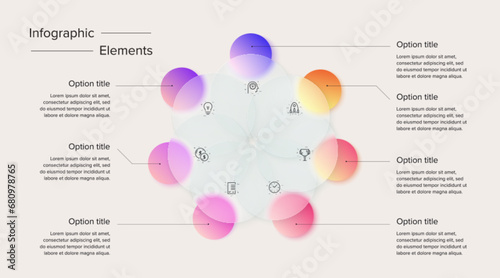 Business process chart infographics with 7 step circles. Circular corporate workflow graphic elements. Company flowchart presentation slide. Vector info graphic in glassmorphism design.