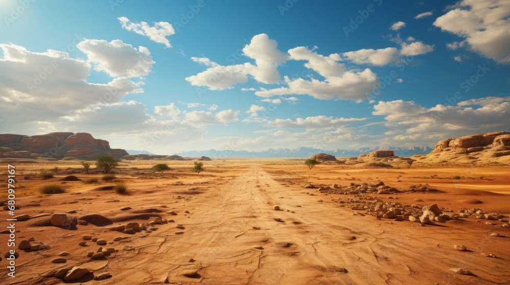 A desert landscape with barren sands and rugged A desert landscape with barren sands and rugged