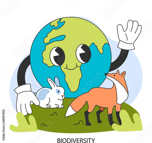 Biodiversity conservation. Endangered flora and fauna species restoration and preservation. Earth climate awareness and habitat saving. Flat vector illustration