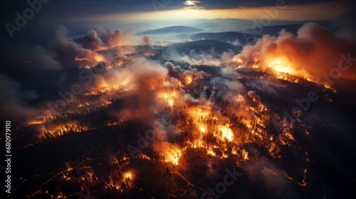 An aerial view of a forest fire