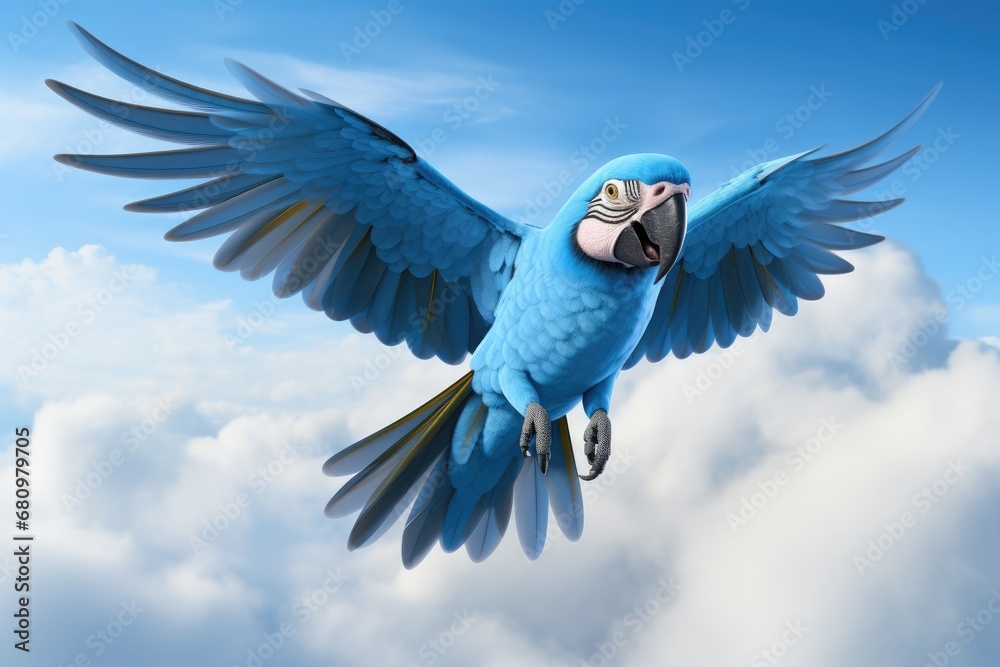 Blue Parrot in Flight with Majestic Wings Spread