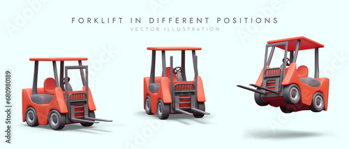 Forklift in different positions on blue background. Pallet stacker truck equipment. Concept of warehouse, transportation, and delivery. Colorful 3d vector illustration in cartoon style