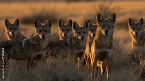 A pack of Black-backed Jackal (Canis mesomelas) at sunset. Wildlife Concept. Wilderness. photo