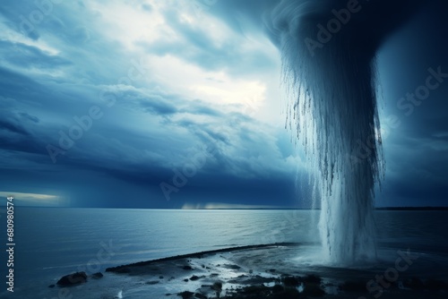 Waterspout tornado lifting water jets on the ocean photo