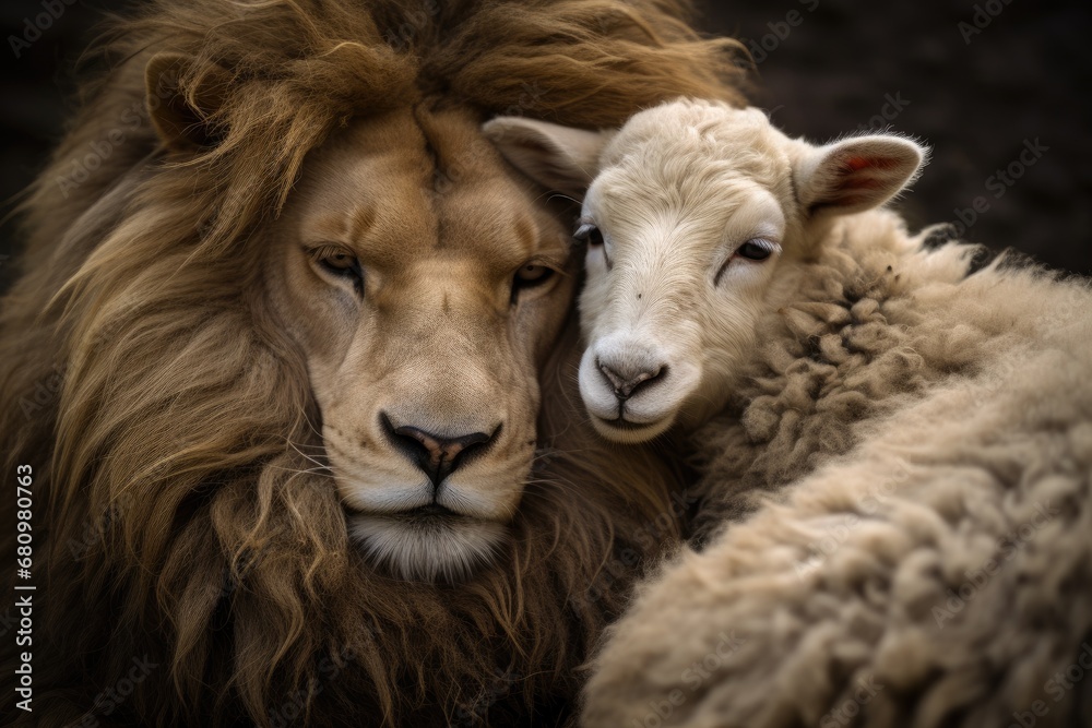 Fototapeta premium The King of the Jungle Finds Unlikely Comfort in the Company of a Gentle Herbivore