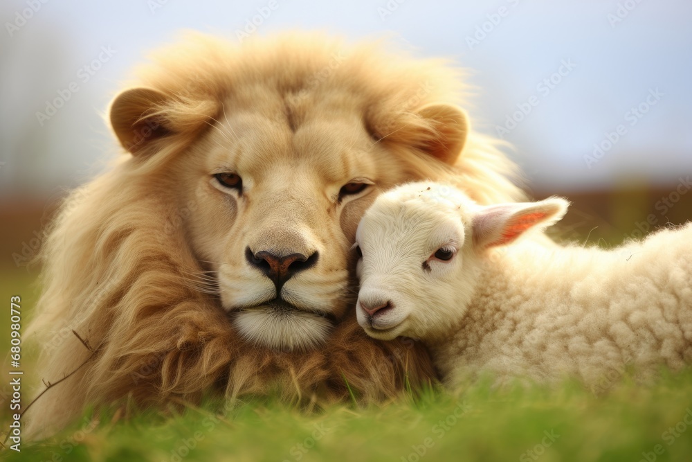 A Tender Moment: Lion and Lamb Cuddle in Serene, Grassy Field