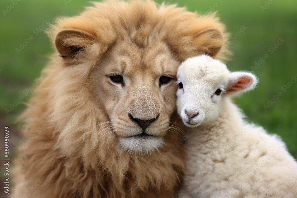 A Majestic Encounter: Sheep and Lion Lock Eyes in Intense Close-Up