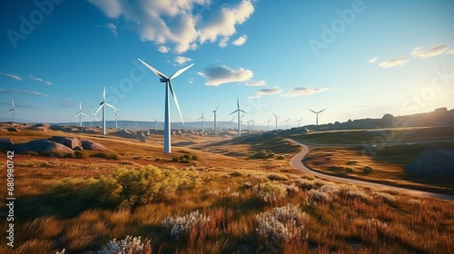 Close-up of two wind turbines on blue sky background photo