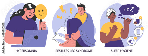 Insomnia set. Diverse characters suffering from sleep deprivation. Sleep and mental disorder. Sleep hygiene and stages. Circadian rhythm maintaining. Flat vector illustration.