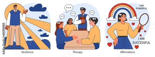 Overcoming fears set. Characters confronting fears with desensitization, reframing and exposure strategy. Psychological resilience with affirmations and visualization therapy. Flat vector illustration
