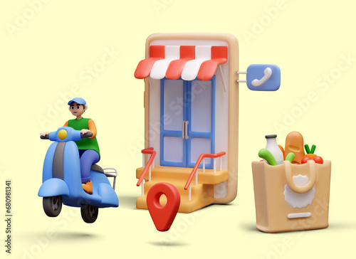 Set of illustrations for delivery business. 3D courier on scooter, smartphone with door and striped canopy, bag with food. Online ordering and delivery. Courier services