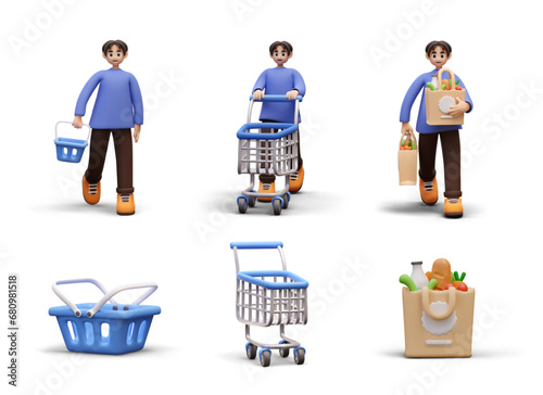 Set of illustrations for online store. 3D empty basket, trolley, bag with products. Realistic buyer in process of selection and purchase. Vector colored template on white background