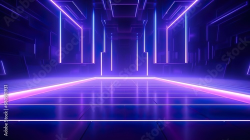 Spectrum Show, Vibrant Neon Beams Illuminate Abstract Geometry in Cosmic Stage Room ultraviolet