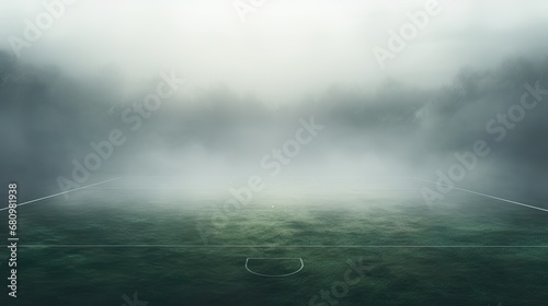 textured soccer game field with neon fog - center  midfield near a forest