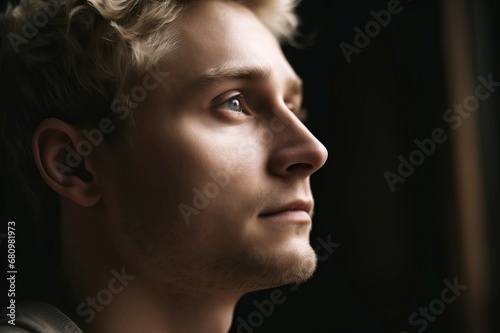 Blond man looking away. Summer outdoor photo portrait. Generate Ai