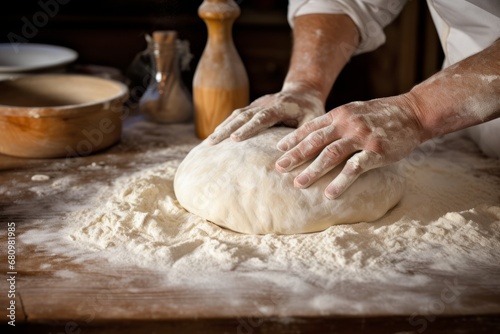 Hand rolling out dough for bread on a table