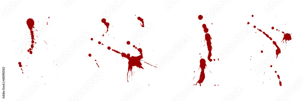 Paint Brush Splatter Set. Blood Stain Collection. Red Ink Splat, Grunge Texture. Drop Spatter, Horror Bloodstain Splash. Spray Abstract Design on White Background. Isolated Vector Illustration - obrazy, fototapety, plakaty 