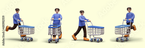 Set of vector realistic men with empty shopping cart, view from different sides. Buyer goes, runs. Illustrations for design of advertising, promotional web compositions