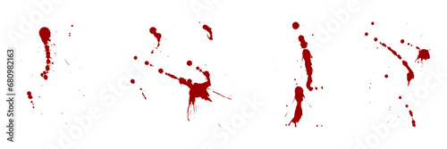 Paint Brush Splatter Set. Blood Stain Collection. Red Ink Splat, Grunge Texture. Drop Spatter, Horror Bloodstain Splash. Spray Abstract Design on White Background. Isolated Vector Illustration