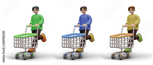 Cheerful young man with empty shopping cart. Concept of shopper. Set of options in different colors. Realistic male character is shopping. Templates for online store