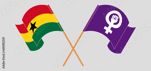 Crossed and waving flags of Ghana and Feminism
