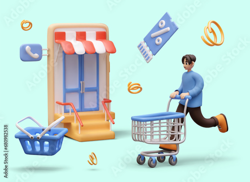 Young cartoon character holding trolley and running to online shopping. Discounts, sales and promo. Grocery shopping in store. Vector illustration in 3D style with blue background