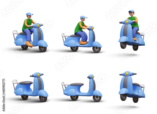 Blue scooter in different positions, man on scooter. Courier delivery concept. Modern vehicle with trunk, electric moped. Transportation service. Set of isolated illustrations