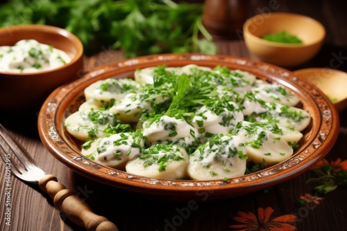Delicious Ukrainian vareniki pierogi served with a filling of potatoes, presenting traditional culinary deligh