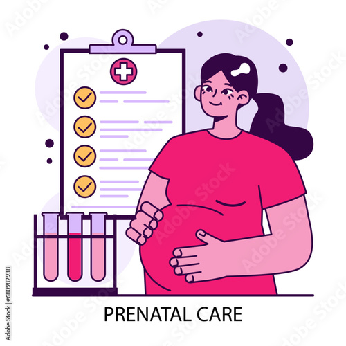 Prenatal care. Expectant mother healthcare Pregnant woman health medical check up. Medical samples, hospital tests. Flat vector illustration.