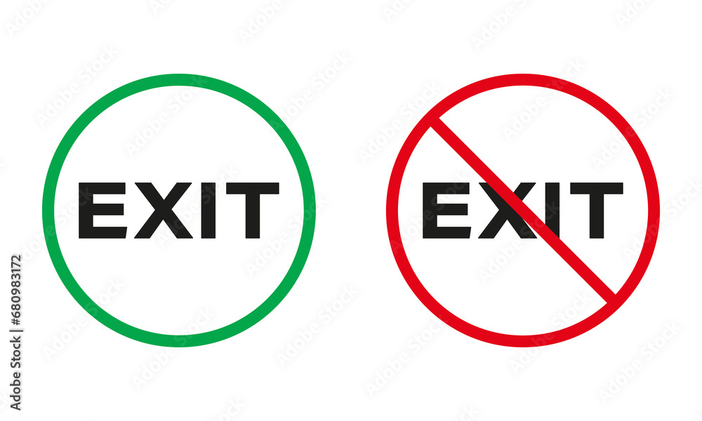 Exit Sign. Emergency Way Icon. Evacuation from Building Symbol Set. Allowed and Forbidden Fire Escape Red and Green Circle Sign. Isolated Vector Illustration Exit Sign. Emergency Way Icon. Evacuation from Building Symbol Set. Allowed and Forbidden Fire Escape Red and Green Circle Sign. Isolated Vector Illustration