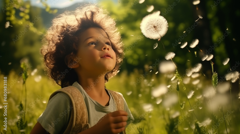 little boy blowing Dandelions in the green meadow The sun shines little boy blowing Dandelions in the green meadow The sun shines
