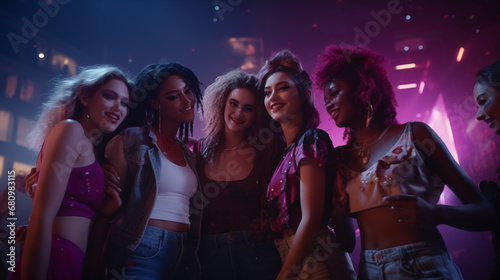 Group of beautiful female friends at a colorful party