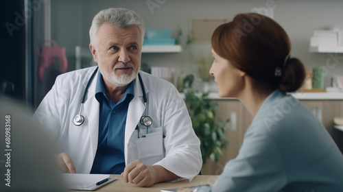 Elderly male doctor giving advice to a patient treatment or care