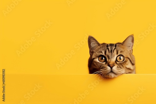 Cat head starring on yellow background. Adorable domestic soft kitten face. Generate ai