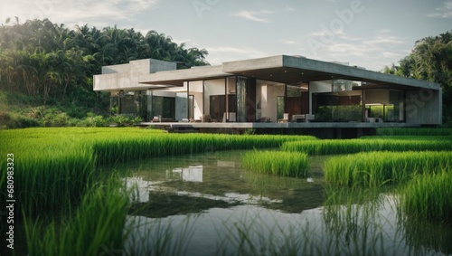Modern Villa or House in Paddy Field, Luxury Building Nature Rice Field © Fridocha