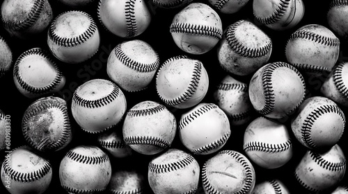 Pile of grunge dirty used baseball balls. Close-up absctact sports background in black and white photo