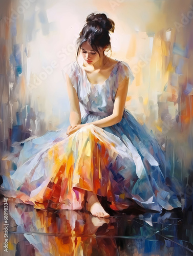 A Painting Of A Woman In A Dress - The ballerina sitting near a mirror
