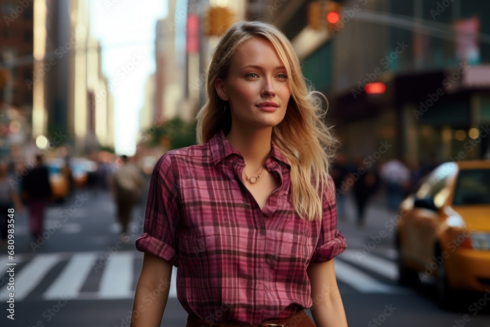 A pretty blonde woman in pink plaid shirt walking in the street of a large city. Generative AI. 