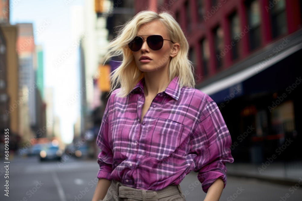 A pretty blonde woman in pink plaid shirt walking in the street of a large city. Generative AI. A pretty blonde woman in pink plaid shirt walking in the street of a large city. Generative AI.