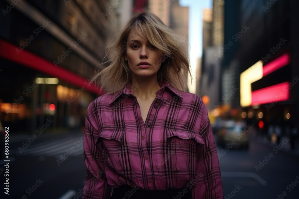 A pretty blonde woman in pink plaid shirt walking in the street of a large city. Generative AI. A pretty blonde woman in pink plaid shirt walking in the street of a large city. Generative AI.