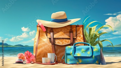 vacation beach bag items and suitcase in tropical island