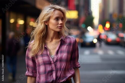 A pretty blonde woman in pink plaid shirt walking in the street of a large city. Generative AI. 